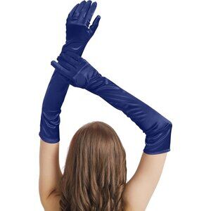Women's Navy Blue Imported Satin Elbow Length Halloween Cosplay Opera Gloves